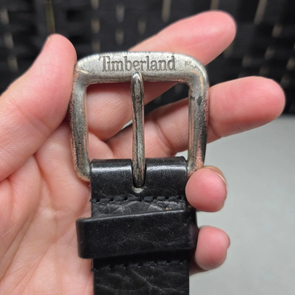 Timberland Mens Black Genuine Leather Belt Silver Logo Buckle Size 36 1393-001